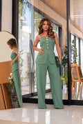 Tailored set featuring a blouse with front buttons and full-length pants, perfect for a polished and sophisticated look.