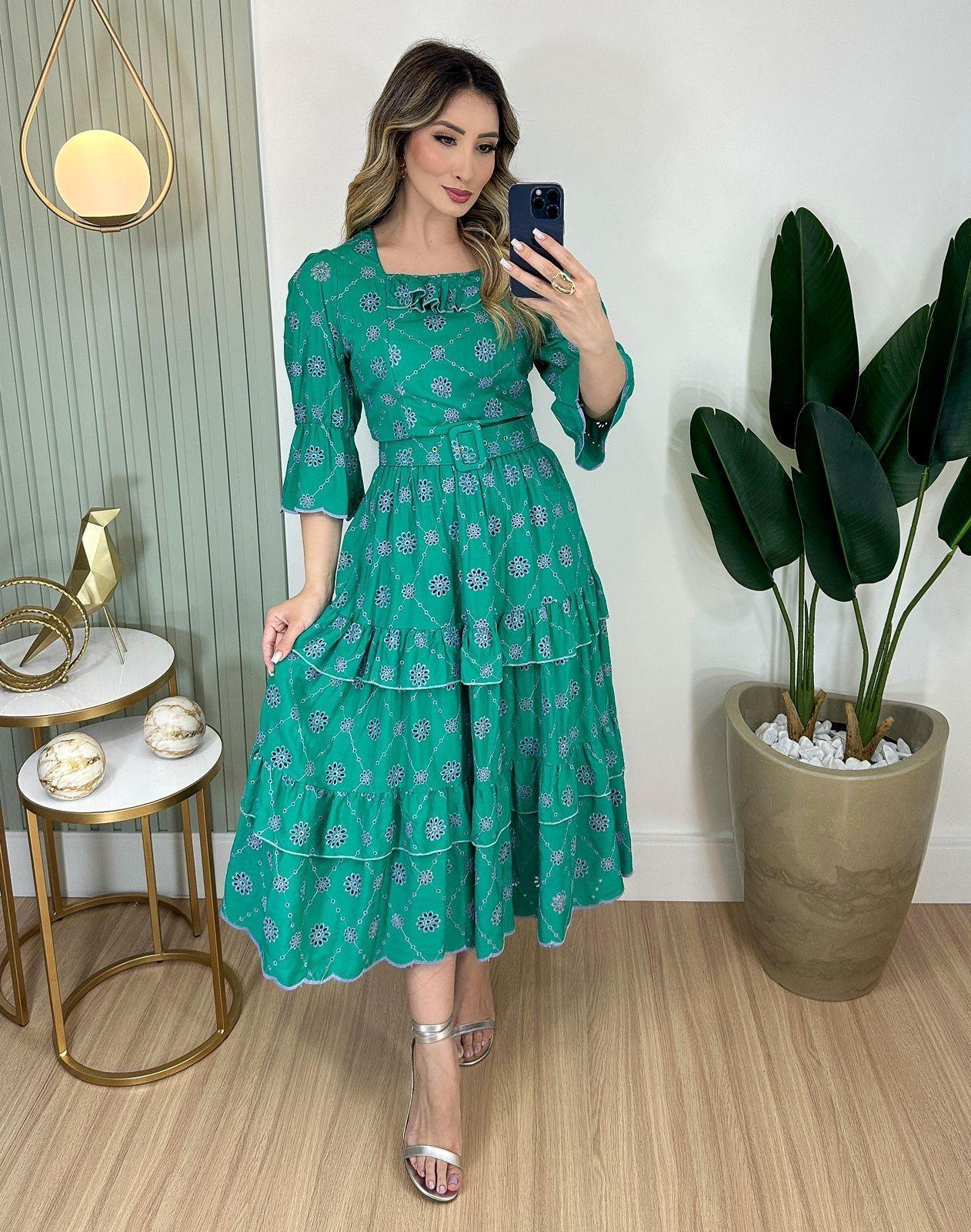 Midi Dress with Straps and 3/4 Sleeves in Cotton Eyelet