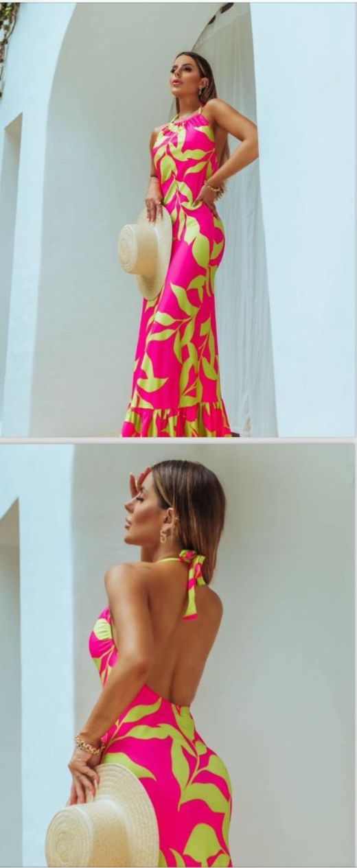 Printed Halter Neck Maxi Dress in Knit Crepe