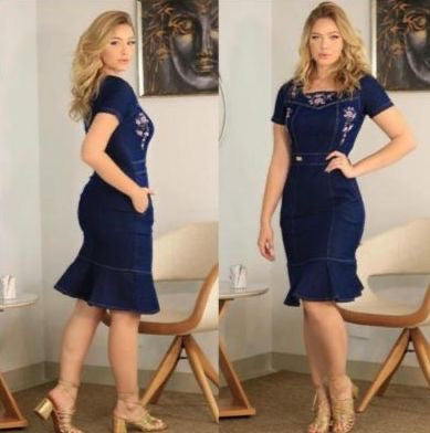 Short-sleeve denim dress with embroidered detail on the front.